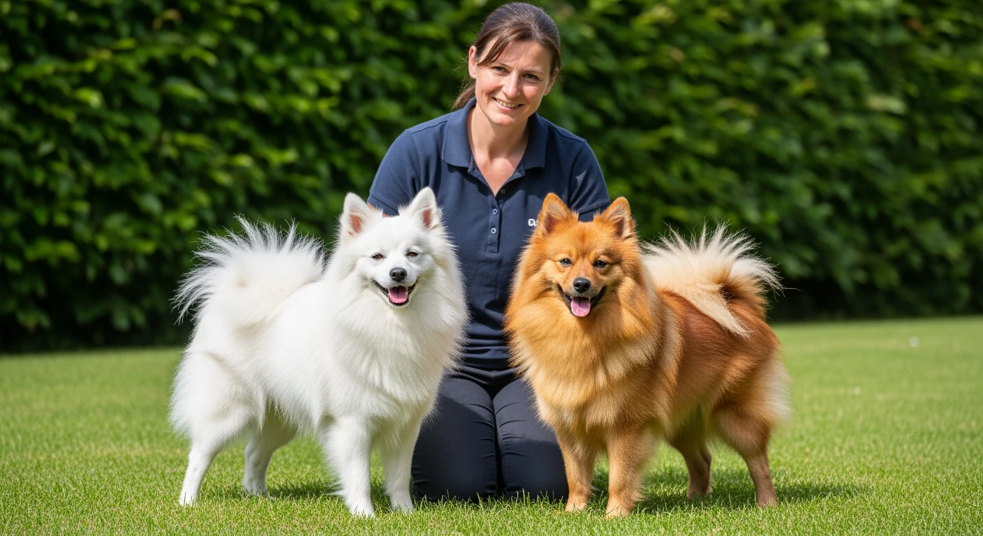 Éleveuse française professionnelle avec deux Spitz Allemands adultes sur gazon