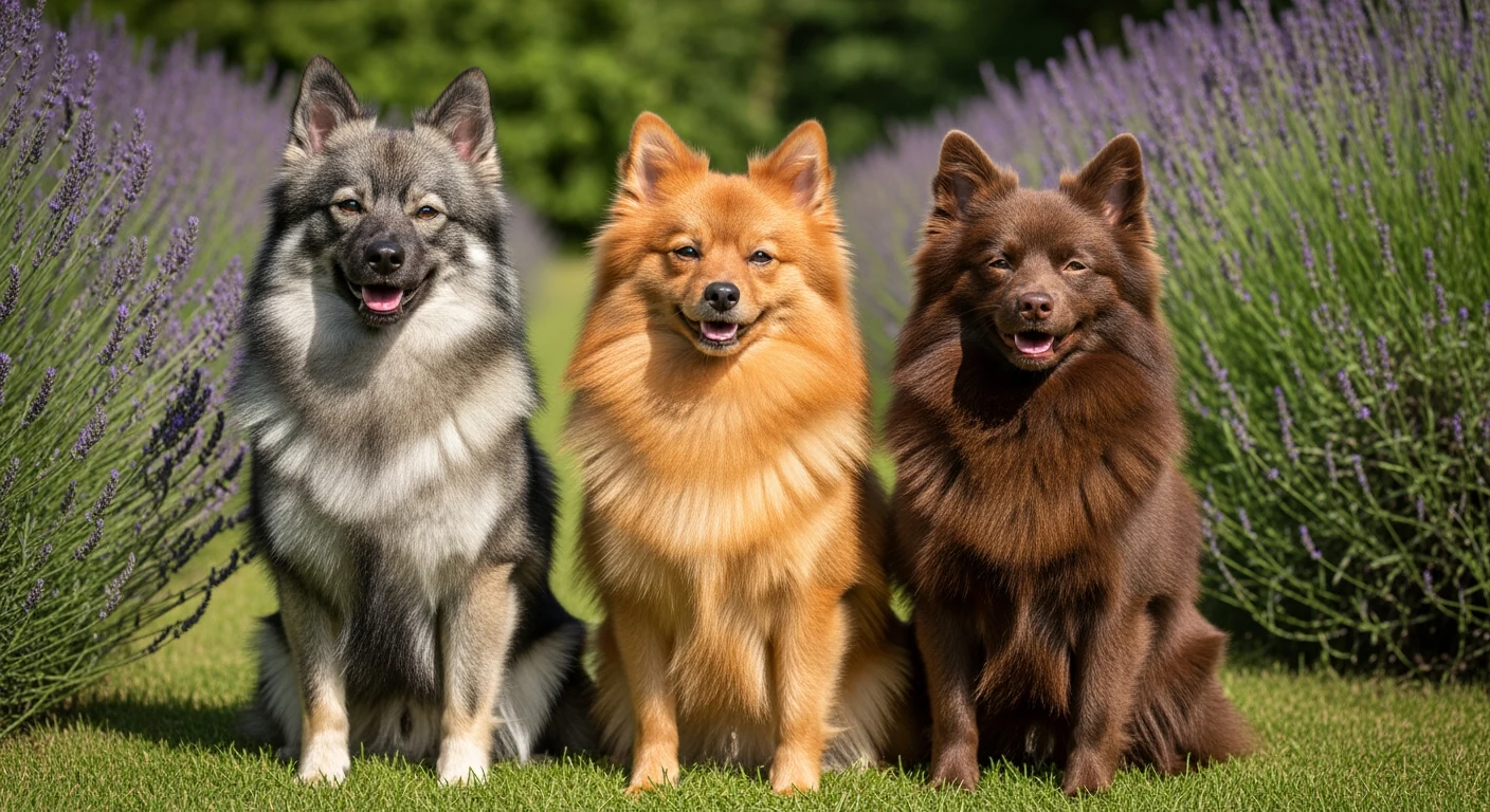 Trois Spitz Allemands adultes de couleurs variées dans un jardin français ensoleillé