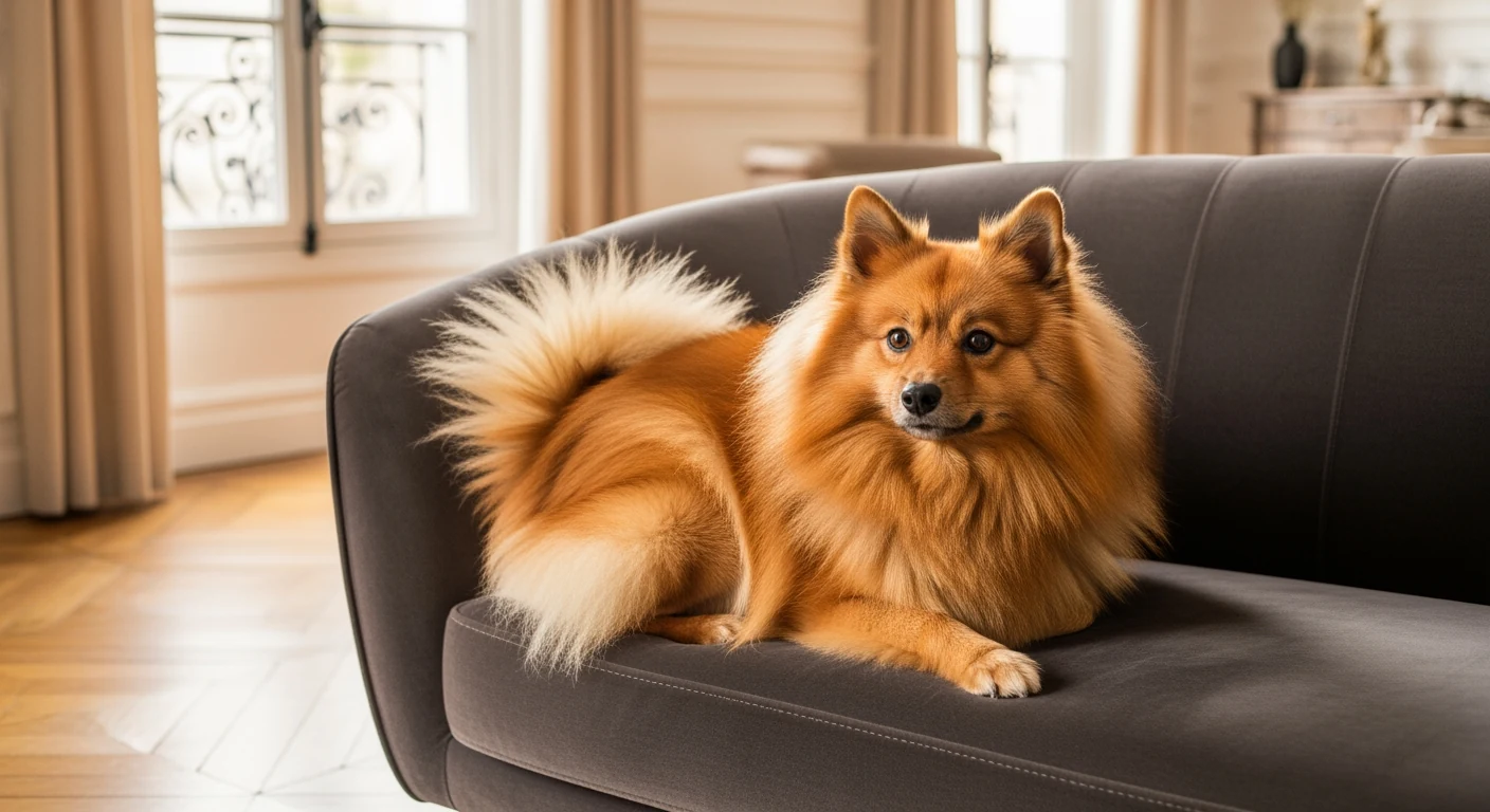 Spitz Allemand orange confortablement installé sur un canapé dans un salon moderne