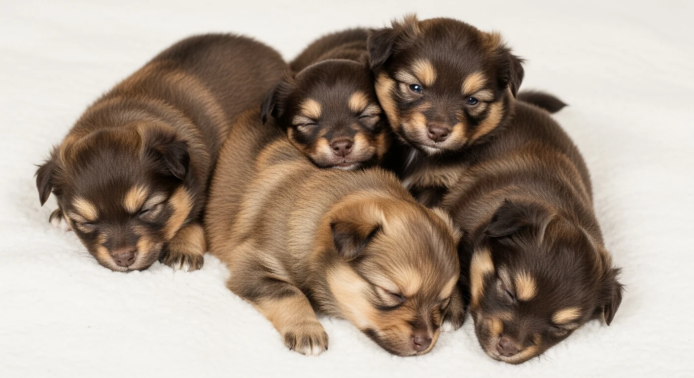 Portée de chiots Spitz Allemand de différentes couleurs sur une couverture douce